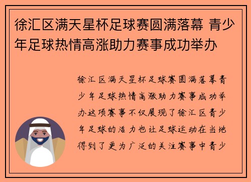 徐汇区满天星杯足球赛圆满落幕 青少年足球热情高涨助力赛事成功举办